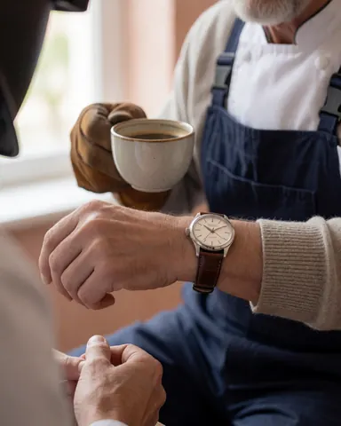 Cliente souriante tenant une nouvelle montre-bracelet et une tasse de café dans un atelier de réparation avec des murs en plâtre terracotta et une lumière naturelle.