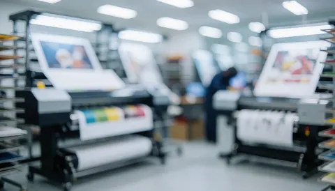 Fond de studio professionnel dédié à l'impression avec de grandes imprimantes et un effet bokeh, idéal pour ajouter du texte commercial.