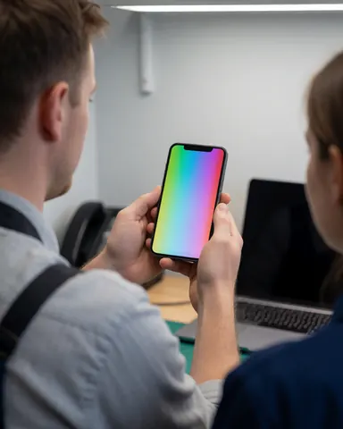 Un technicien en atelier de réparation montre à un client un téléphone avec un écran brillant et coloré.