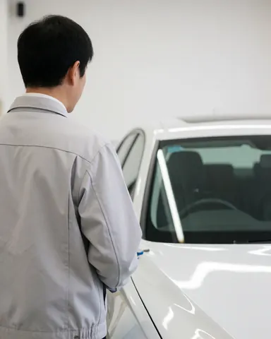 Un client observe avec satisfaction la finition brillante de son véhicule blanc fraîchement peint dans un atelier professionnel.