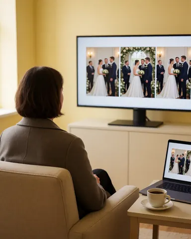Une cliente observe les photos de son mariage sur un grand écran, assise dans un fauteuil confortable avec une tasse de café à côté, dans une pièce aux murs jaunes.