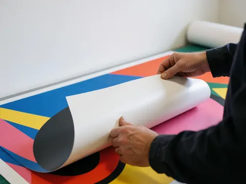 Des mains retirent une feuille de bannière imprimée aux couleurs vives d'une table de découpe propre dans un atelier de textile.