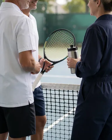 Deux adultes souriants tenant une raquette et une bouteille d'eau à côté du filet sur un court de tennis, idéal pour illustrer le coaching sportif.