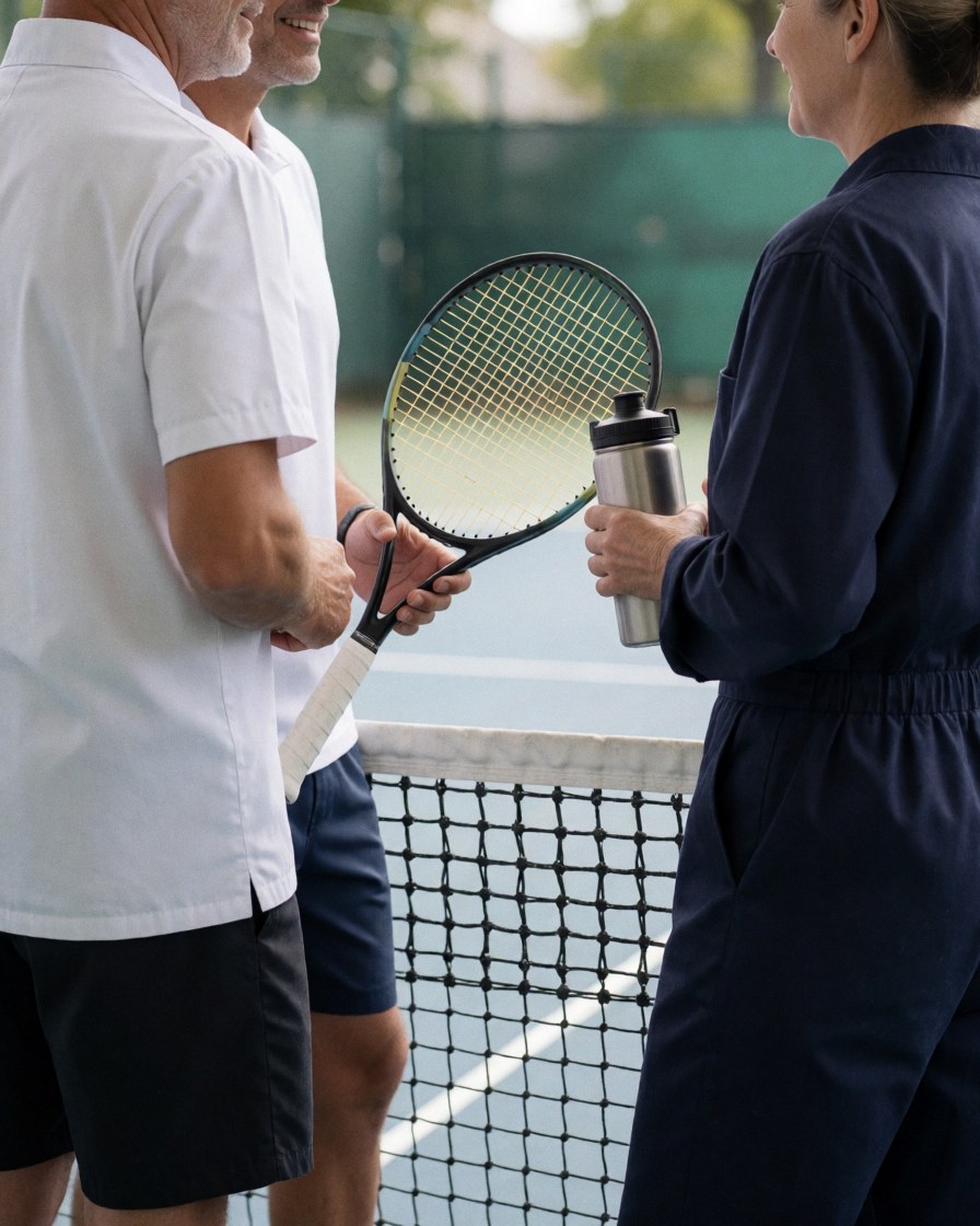 Deux adultes souriants tenant une raquette et une bouteille d'eau à côté du filet sur un court de tennis, idéal pour illustrer le coaching sportif.