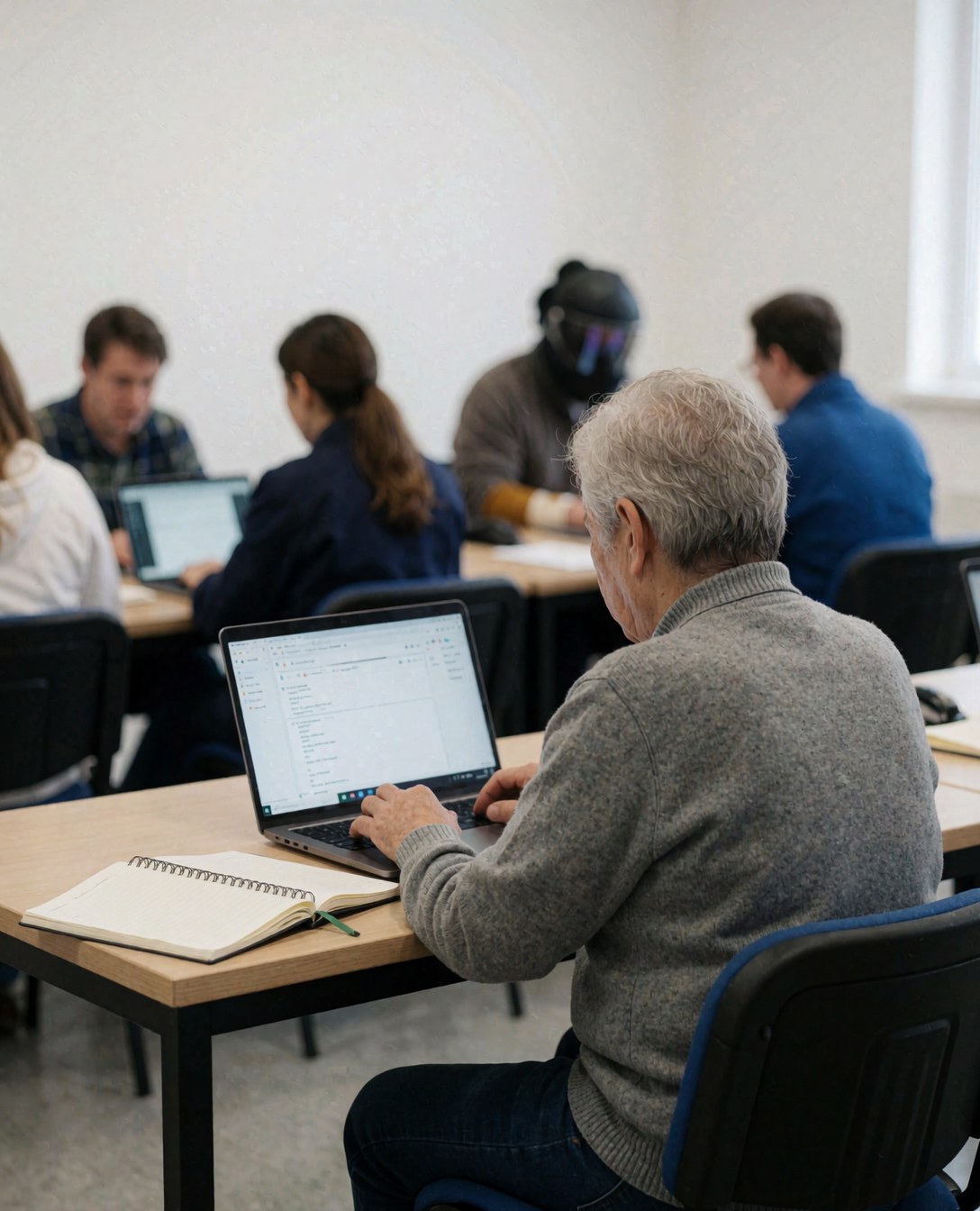 Un adulte travaille sur un ordinateur portable dans un cours de programmation, avec un cahier ouvert à côté, dans un environnement d'étude moderne et bien éclairé.