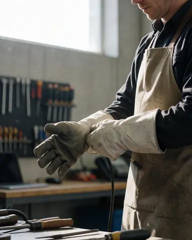 Un ouvrier industriel enfile des gants en cuir dans un atelier équipé d'outils et éclairé par la lumière naturelle, se préparant à effectuer une soudure.