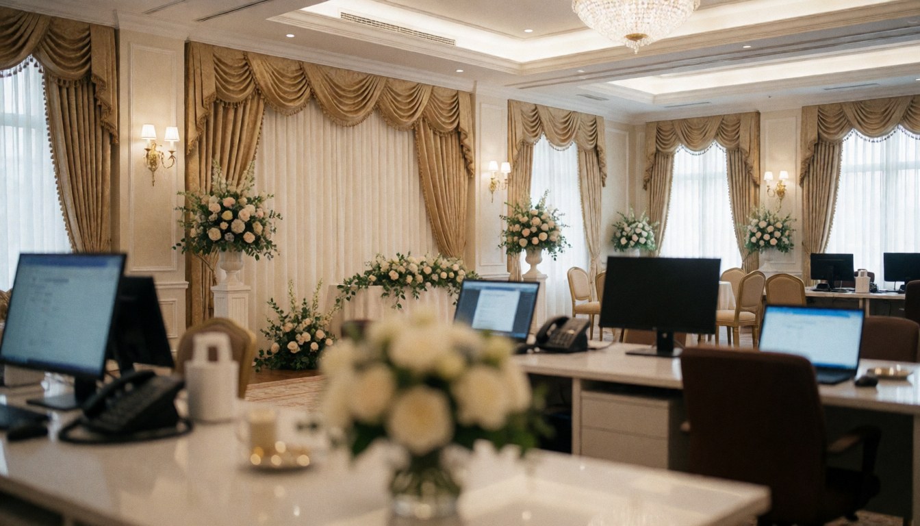 Salle de banquet décorée d'une tenture dorée, d'arrangements floraux et de tables équipées d'ordinateurs pour des événements professionnels.