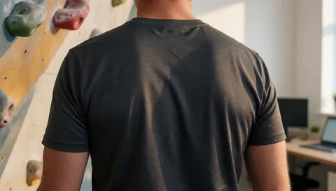 Personne de dos sur un mur d'escalade avec des prises, lumière chaude du coucher du soleil, t-shirt technique ajusté, scène de préparation pour grimper.