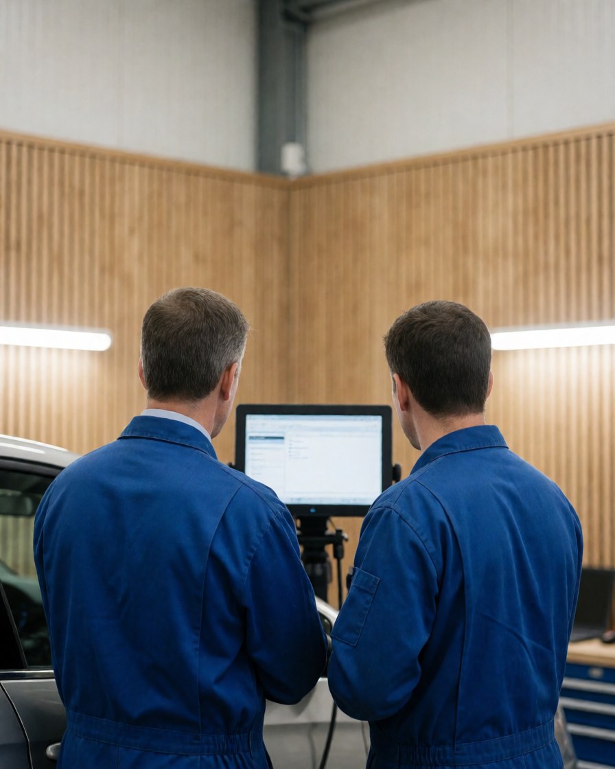 Deux mécaniciens en uniforme bleu vérifient un véhicule à l'aide d'un ordinateur dans un atelier aux murs en bois.