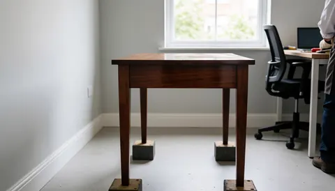 Une table en bois restaurée posée sur des blocs de protection dans une pièce aux murs gris et à la lumière naturelle, avec une personne travaillant en arrière-plan.