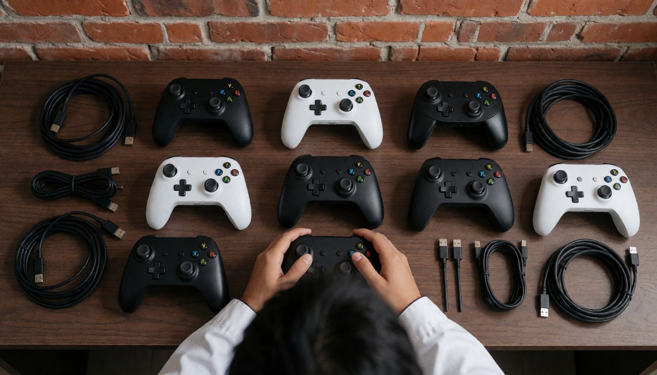 Manettes de jeu vidéo neuves et câbles USB posés sur une table en bois avec un mur de briques en arrière-plan, idéal pour une boutique de réparation de consoles.
