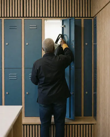 Vue arrière d'un adulte retirant un sac d'un casier bleu ouvert dans un hall aux murs en lattes de bois et à l'éclairage lumineux.