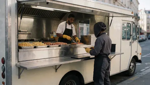 Deux personnes préparent des saucisses et des frites à l'intérieur d'un camion de restauration rapide sur une rue urbaine.
