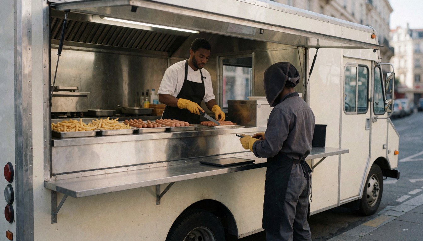 Deux personnes préparent des saucisses et des frites à l'intérieur d'un camion de restauration rapide sur une rue urbaine.