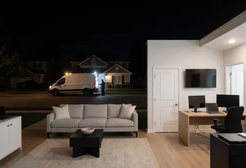 Technicien de service en camion blanc devant une maison résidentielle la nuit, éclairé par les phares et les lumières de la rue, scène de réparation de chaudière.