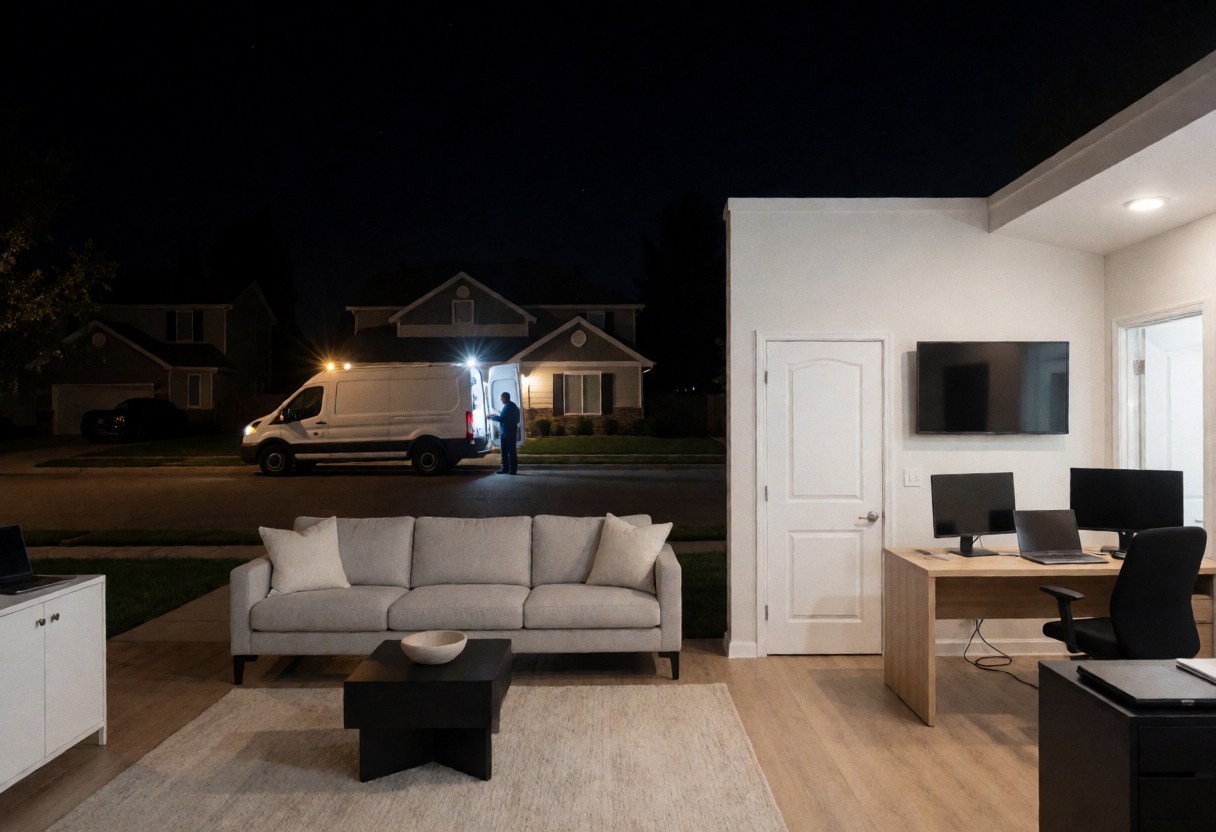 Technicien de service en camion blanc devant une maison résidentielle la nuit, éclairé par les phares et les lumières de la rue, scène de réparation de chaudière.