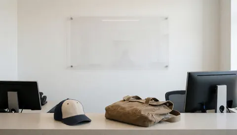Bureau de réception avec une casquette et un sac, des ordinateurs et un mur blanc, idéal pour un parc d'aventure.
