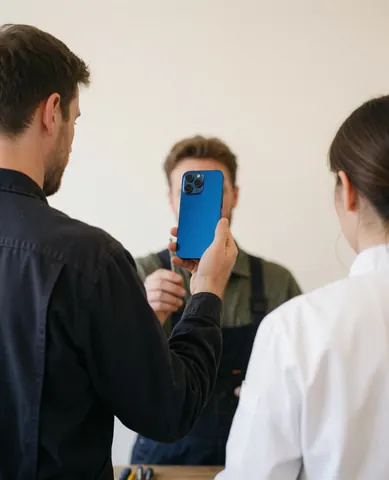 Cliente heureuse montrant son téléphone mobile bleu avec un nouvel écran dans un atelier de réparation, avec le technicien de dos et des outils visibles.