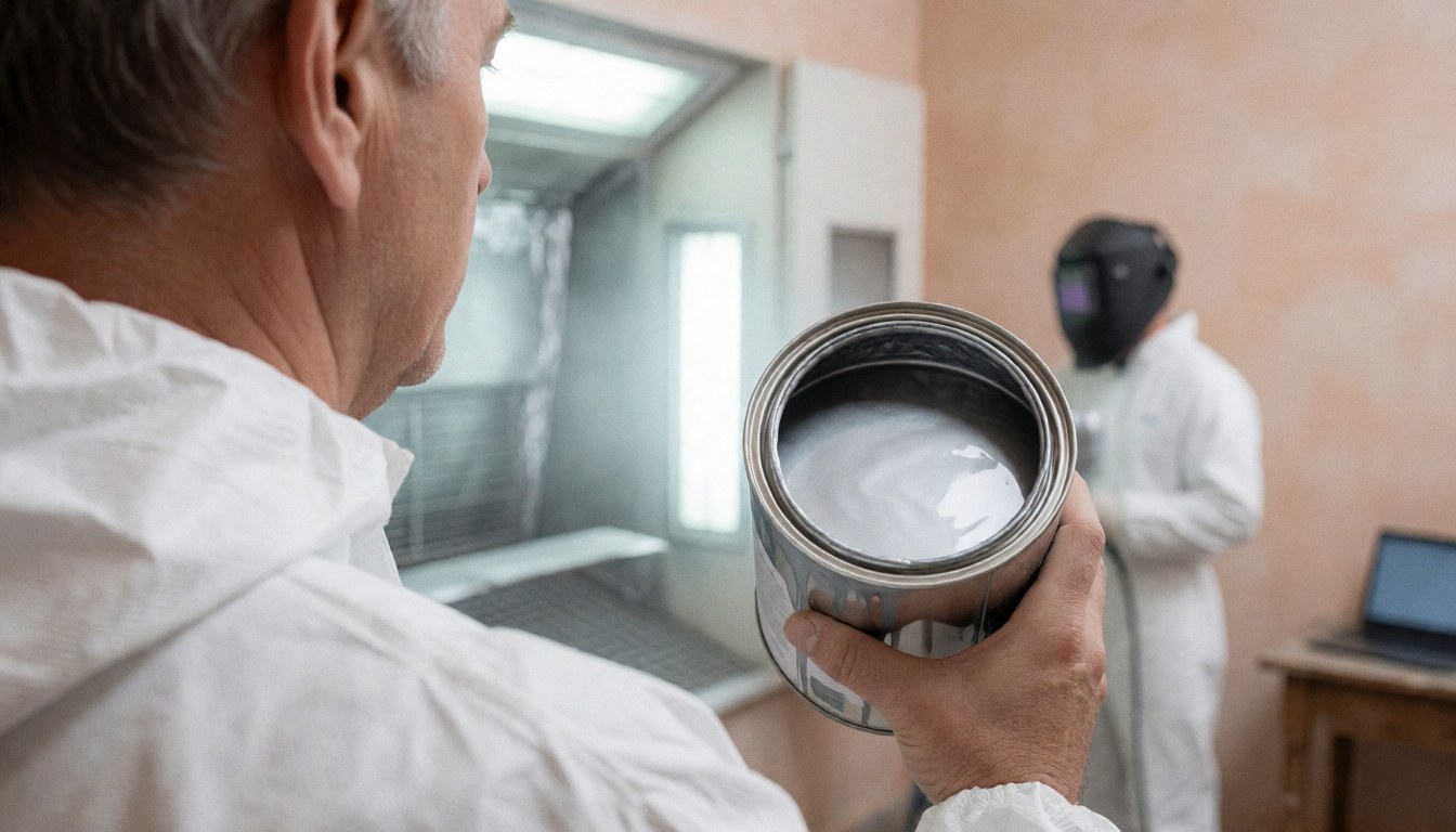 Un peintre en combinaison blanche tient une bombe de peinture métallique devant une caméra de pulvérisation dans un atelier de carrosserie automobile.