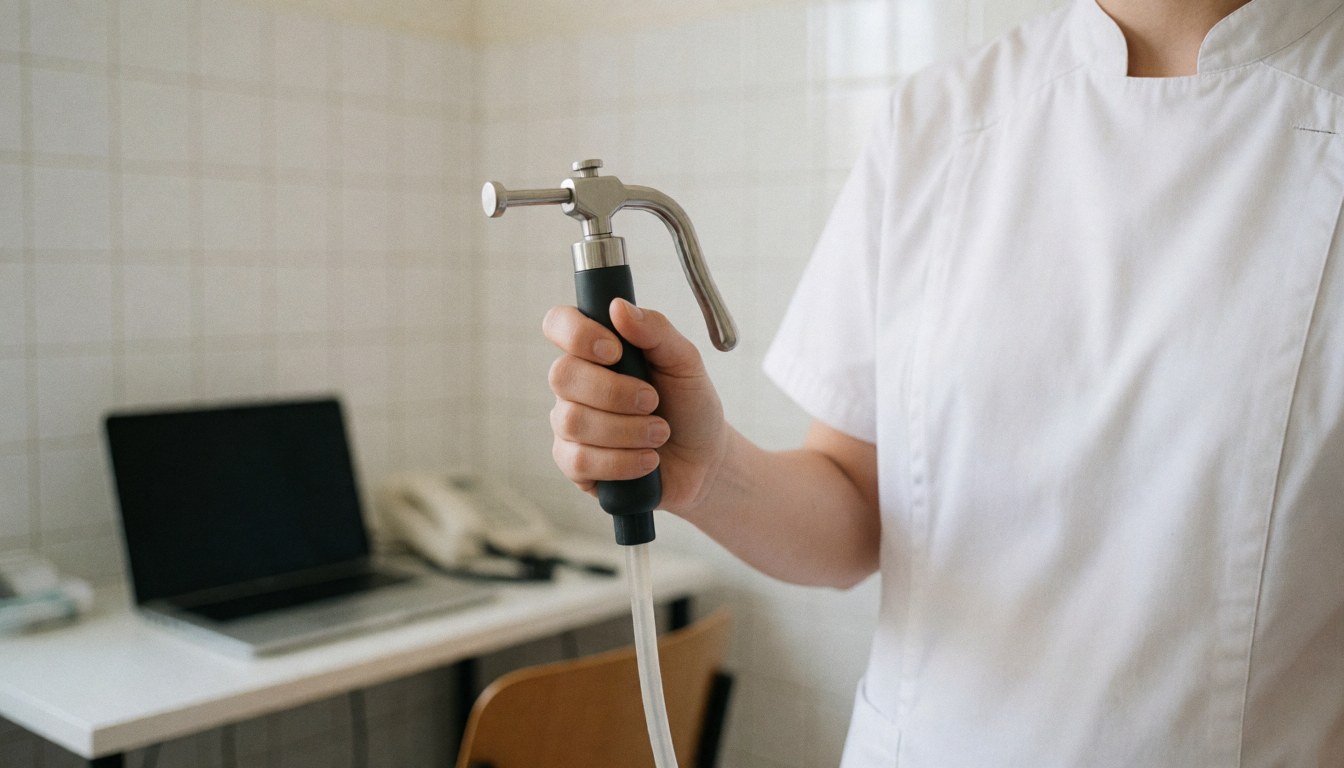 Thérapeute en consultation avec une pompe à ventouses, murs de carreaux blancs, environnement professionnel et propre.