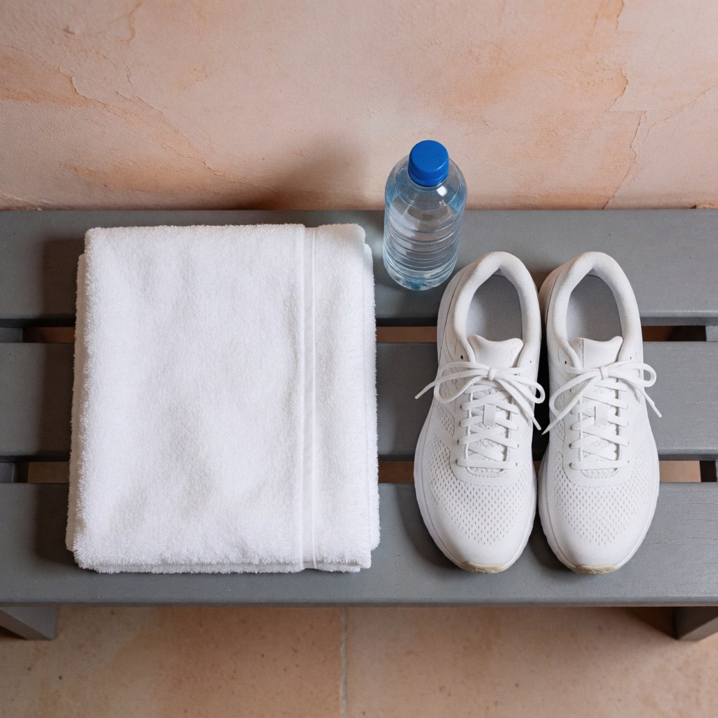 Serviette blanche, chaussures de sport et bouteille d'eau posées sur un banc gris dans un vestiaire aux murs terracota, préparation à l'entraînement.