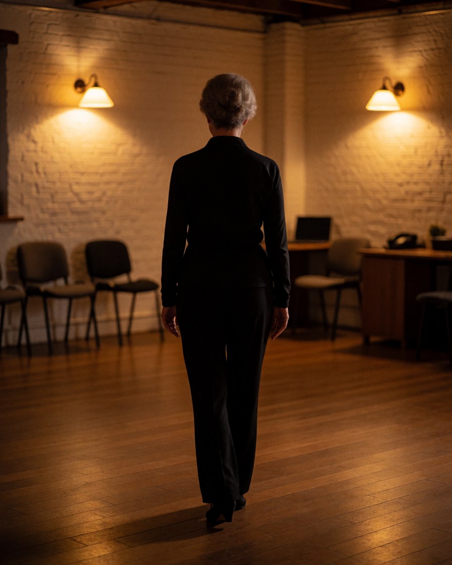 Femme de dos dans une salle de tango aux murs de briques blanches, sol en bois poli et chaises alignées, éclairée par une lumière chaude.