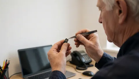 Technicien réparant un port usb-c avec des pinces sur une table avec un ordinateur portable et un téléphone, scène de réparation de téléphones