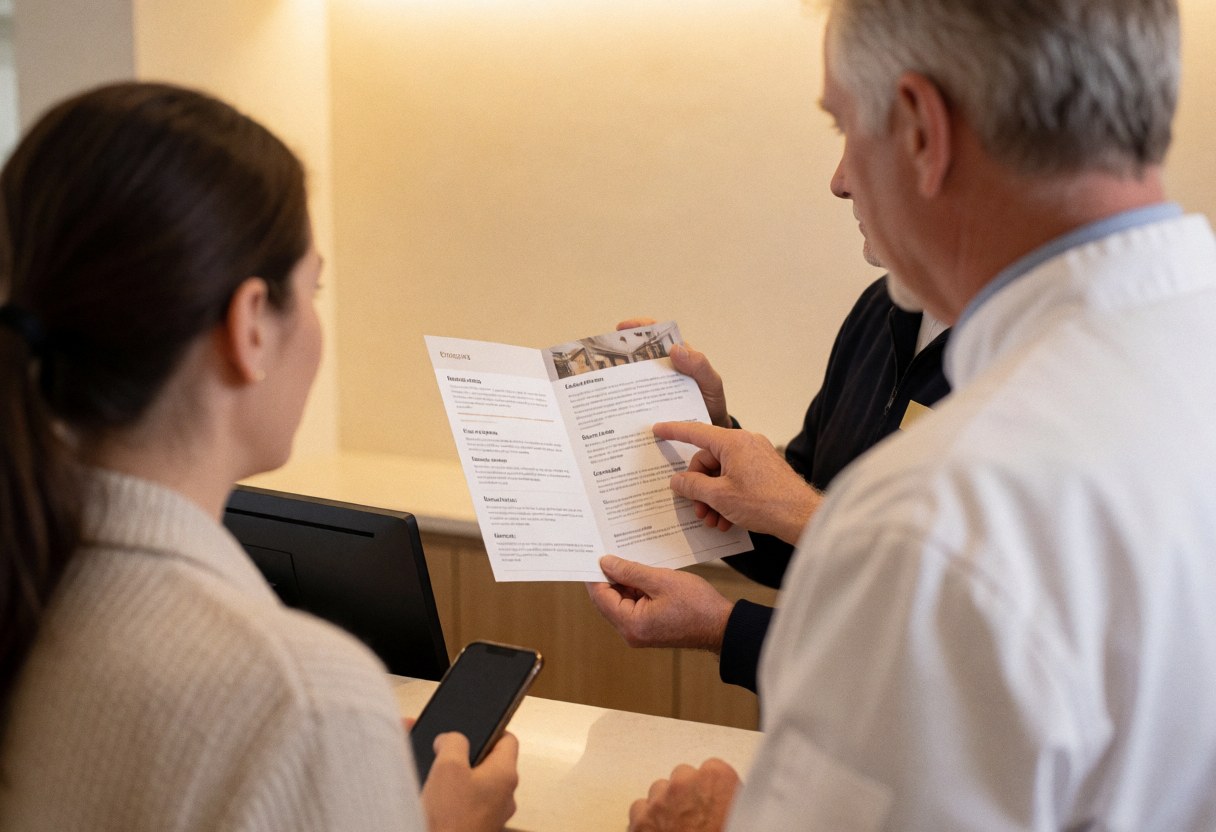 Un concierge dans un apart-hôtel présente des détails de service à un client en utilisant son téléphone portable, dans une réception aux lumières chaudes et aux murs beige.