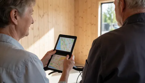 Une cliente heureuse tient une carte numérique tout en étant assise sur son vélo, devant un mur en bois, illustrant le service de taxi-vélo.