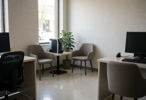 Espace d'attente moderne avec deux fauteuils, une table, une cafetière et une plante, baigné de lumière naturelle dans un magasin de réparation d'ordinateurs.