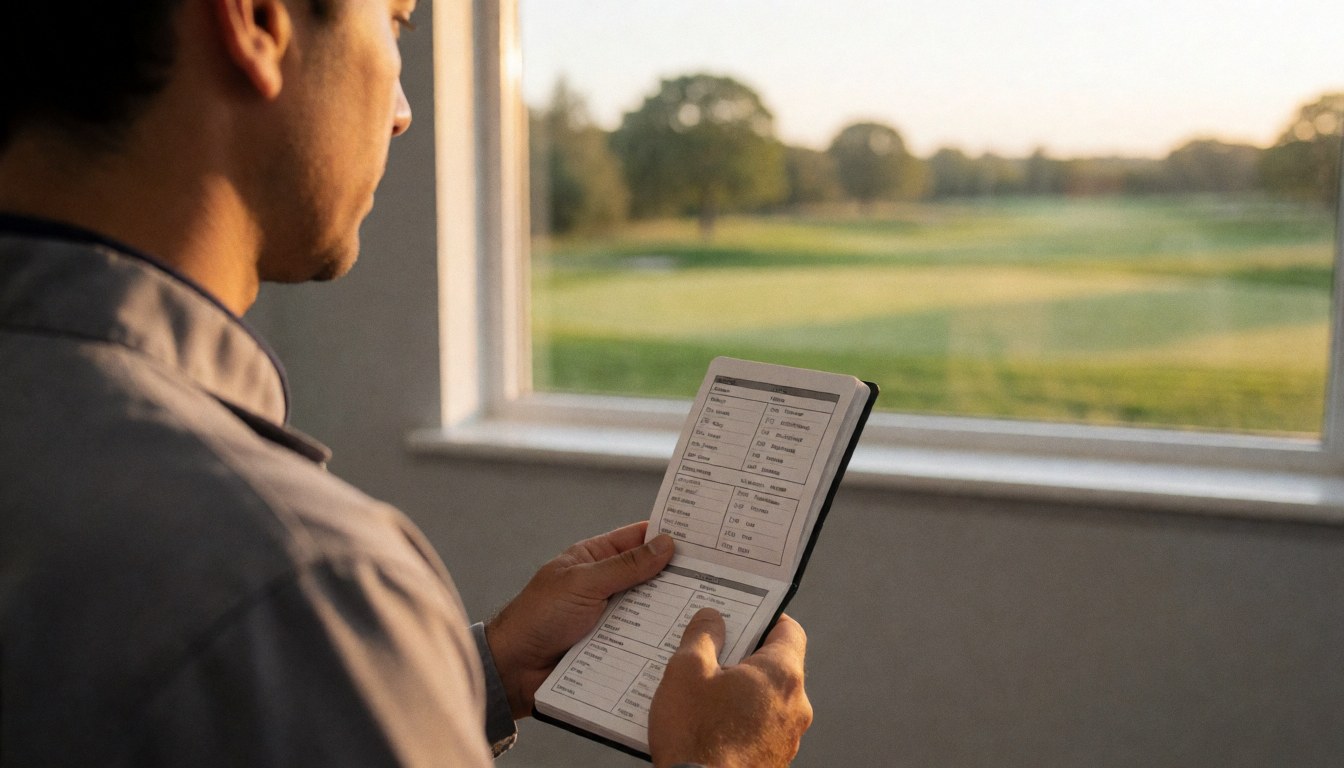 Un instructeur de golf regarde le terrain depuis une fenêtre avec un carnet de yardages ouvert, baigné par la lumière dorée du coucher de soleil.