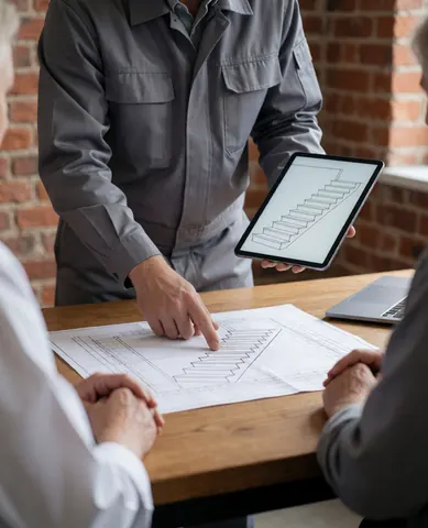 Installateur en uniforme gris montrant un design d'escalier sur tablette et plans sur table en bois devant mur de briques