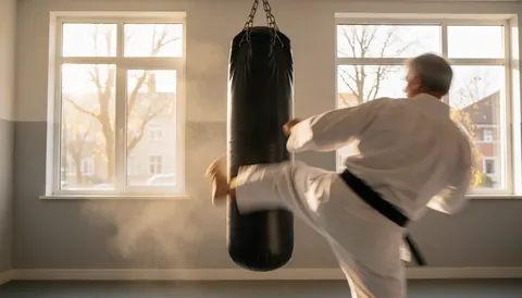 Un adulte en dobok blanc avec ceinture noire pratique une frappe sur un sac de frappe noir dans un dojo éclairé par la lumière naturelle.