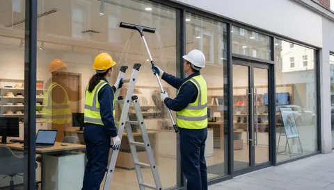 Deux travailleurs portant des casques et des gilets jaunes nettoient les vitres d'une boutique moderne à l'aide d'une échelle et d'une raclette.
