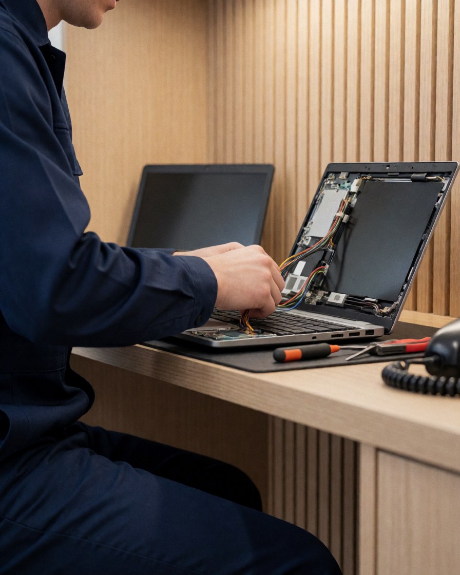 Technicien en uniforme réparant un ordinateur portable ouvert avec des câbles, des outils et des murs en bois dans un atelier de réparation.