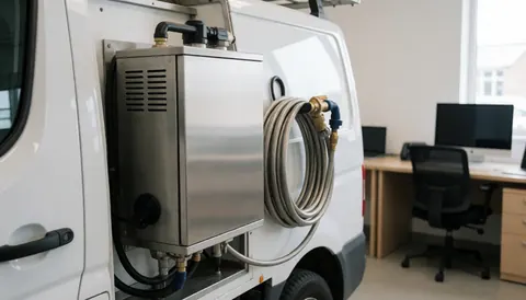 Équipe de lavage de véhicules fixée sur le côté d'une fourgonnette blanche avec tuyau haute pression, dans un bureau moderne avec ordinateur et chaise.