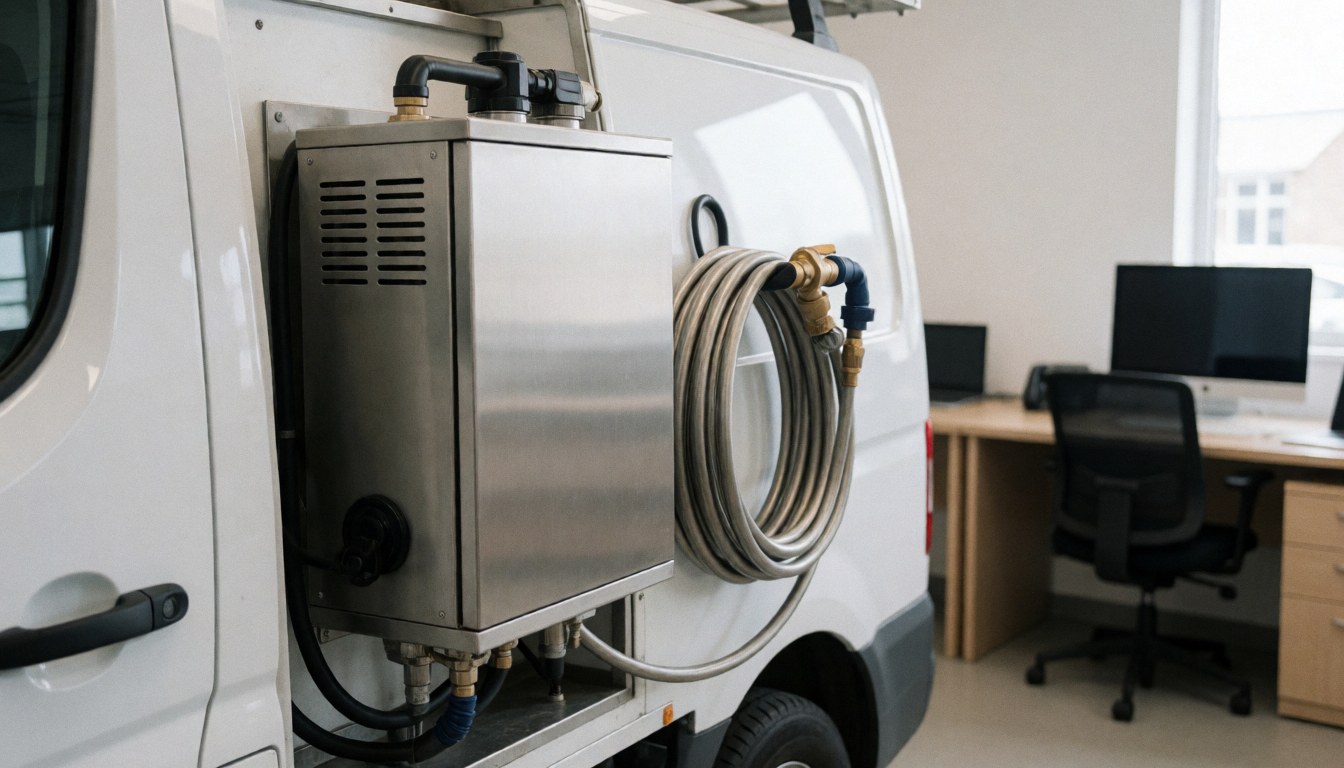 Équipe de lavage de véhicules fixée sur le côté d'une fourgonnette blanche avec tuyau haute pression, dans un bureau moderne avec ordinateur et chaise.