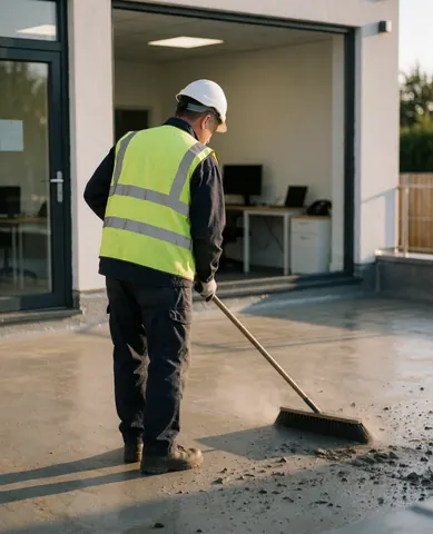 Un travailleur en gilet réfléchissant et casque balayant les résidus de ciment sur une surface fraîchement imperméabilisée au coucher du soleil.