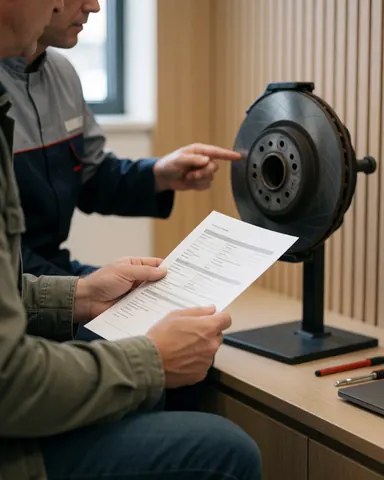 Mécanicien en uniforme pointe un disque de frein sur un support pendant qu'un client consulte un rapport dans une salle propre aux murs en bois.