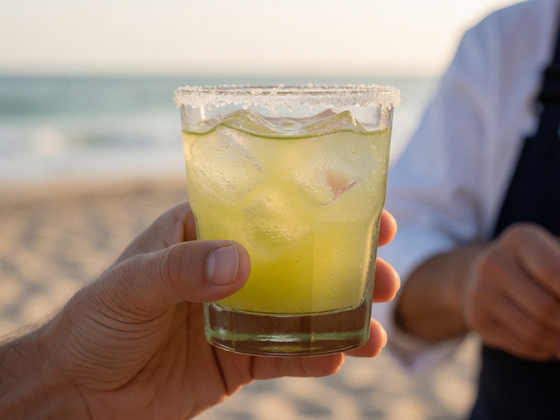 Cocktail margarita bordé de sel tenu par une main, sur fond de plage au coucher du soleil, idéal pour un club de plage.