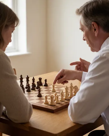 Un homme et une femme jouent aux échecs sur une table en bois, baignés de lumière naturelle, dans le cadre d'une école d'échecs.