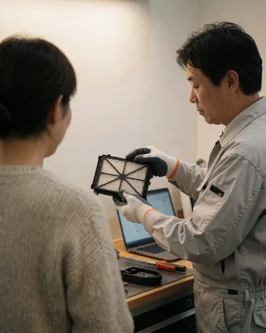 Un technicien en réparation montre un filtre de sèche-linge propre à un client dans un atelier avec des murs blancs et un ordinateur portable.