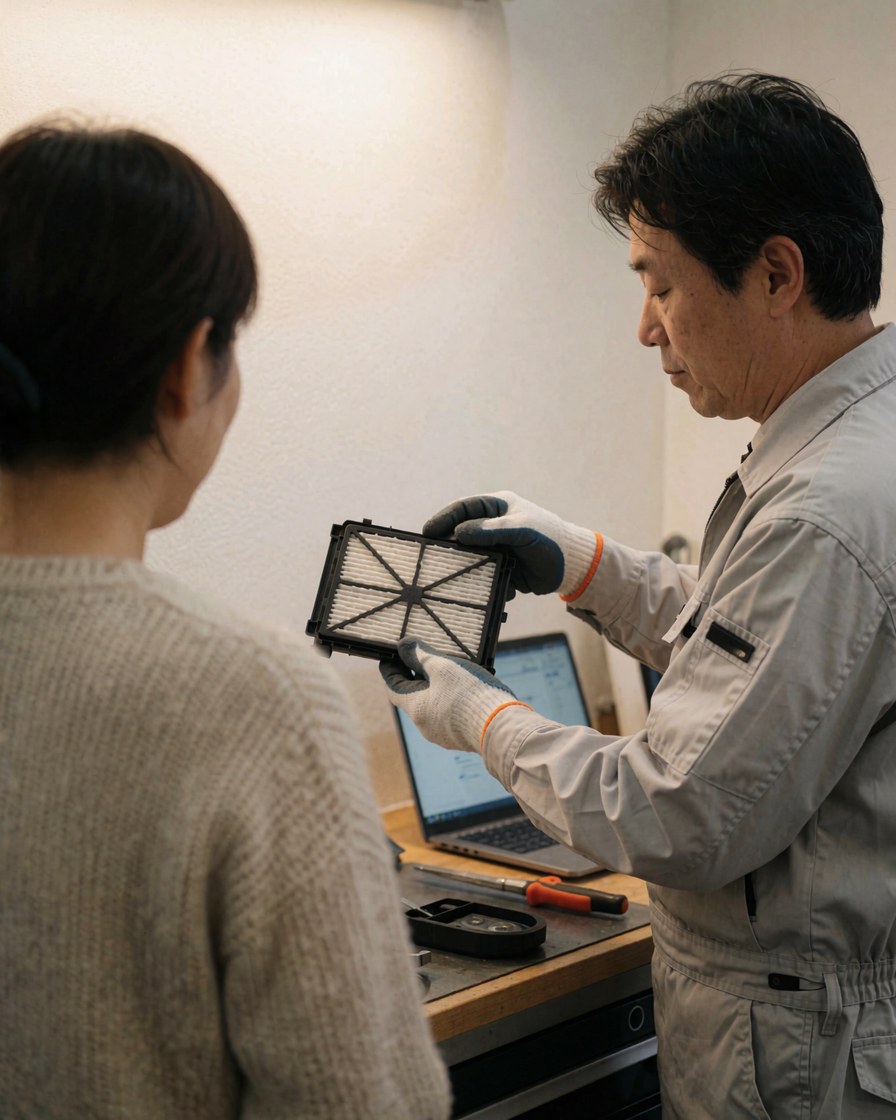 Un technicien en réparation montre un filtre de sèche-linge propre à un client dans un atelier avec des murs blancs et un ordinateur portable.