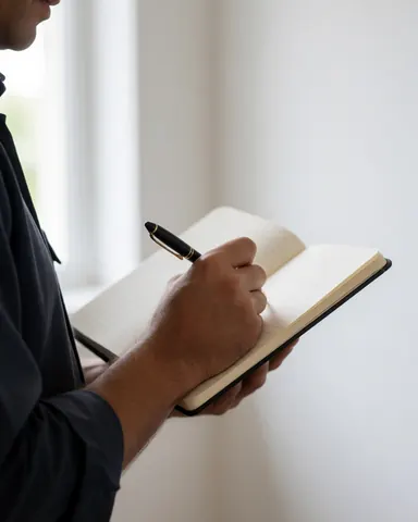 Une main tenant un stylo et écrivant dans un carnet sur un fond blanc, éclairée par une lumière naturelle douce, idéale pour un vidéographe professionnel.