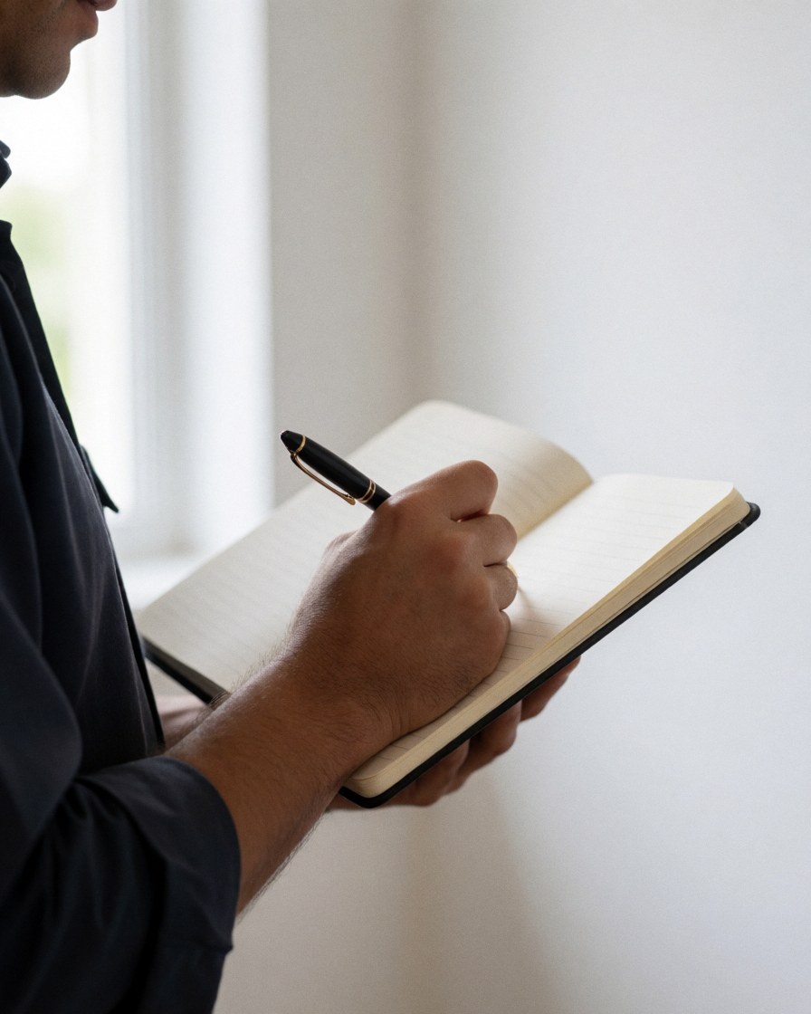 Une main tenant un stylo et écrivant dans un carnet sur un fond blanc, éclairée par une lumière naturelle douce, idéale pour un vidéographe professionnel.
