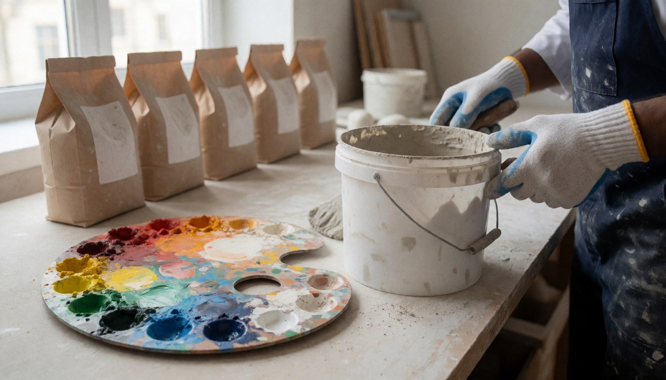 Un peintre en action mélange de l'enduit dans un seau, entouré de pigments et de sacs de poudre sur une table bien éclairée.