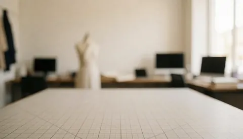 Table de coupe avec quadrillage dans un atelier de couture, mannequin et ordinateurs en arrière-plan, idéal pour textes.