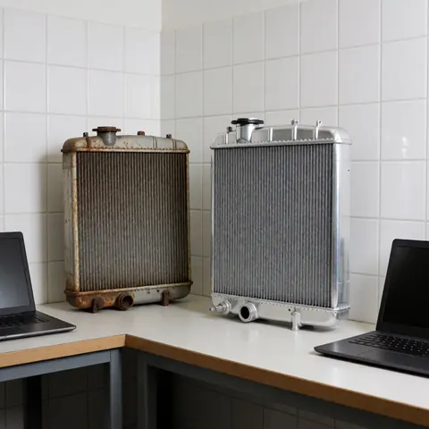 Deux radiateurs, l'un neuf et brillant, l'autre ancien et rouillé, posés sur une table de travail dans un atelier mécanique aux murs carrelés de blanc.