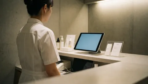 Réceptionniste dans une clinique spécialisée dans le traitement de l'acné, utilisant une tablette pour les réservations, avec des produits de soin de la peau sur un comptoir en béton.
