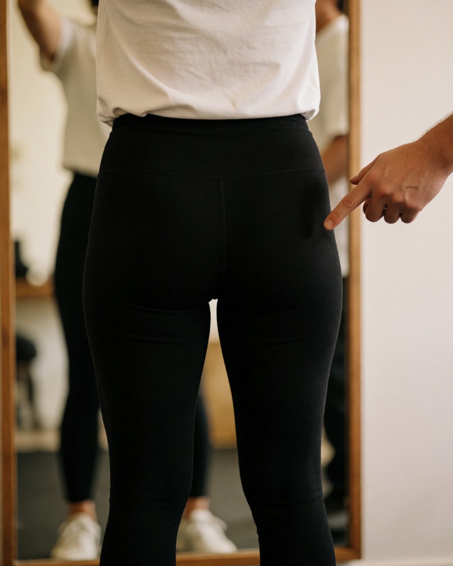 Un client ajuste sa posture devant un miroir tandis qu'un coach le guide, vêtu de leggings noirs et d'un t-shirt blanc dans un gymnase.
